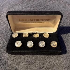 Lillian Vernon Mother Of Pearl 8 Emergency Buttons pins Black Velvet Box Vintage